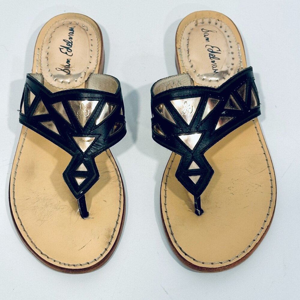Sam Edelman Treva Leather Thong Sandals Black Pewter Triangular Cutouts Sz 7.5 M